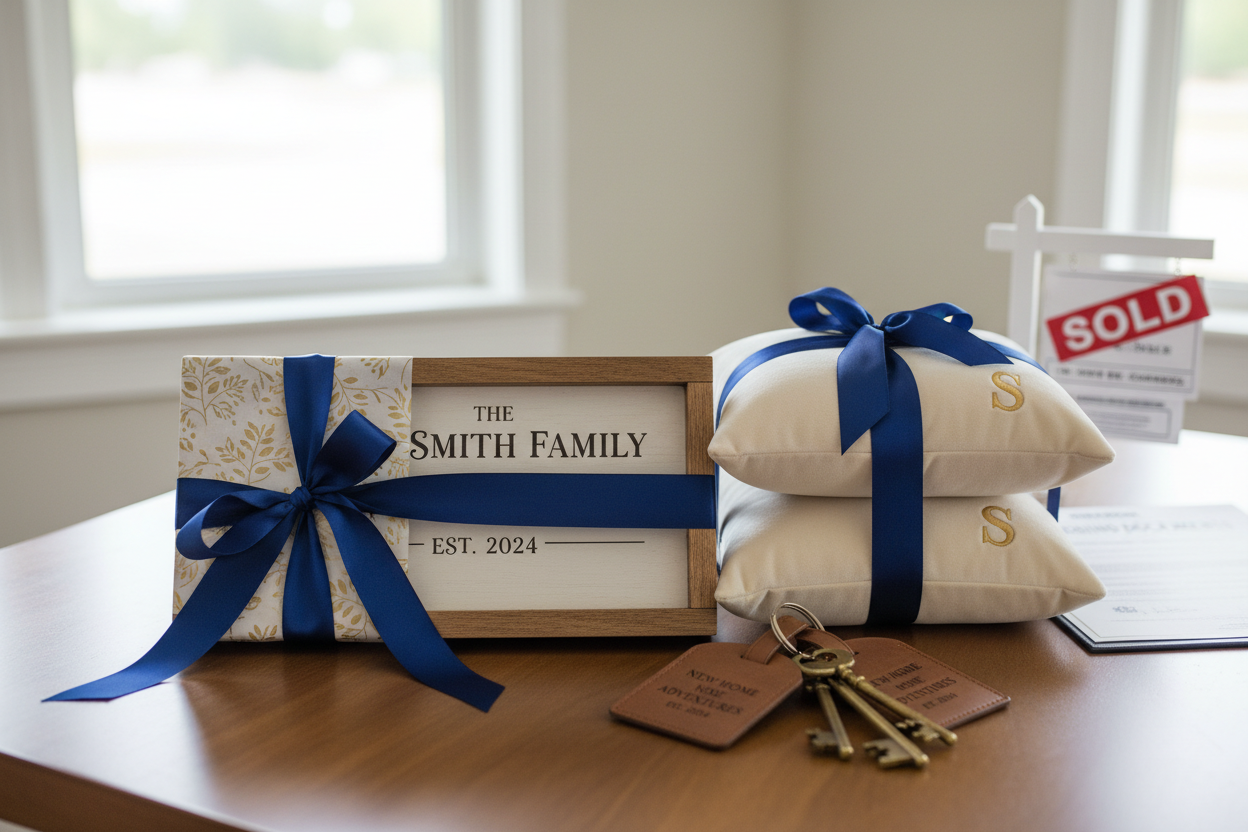 Closing gift presentation on a table in an office