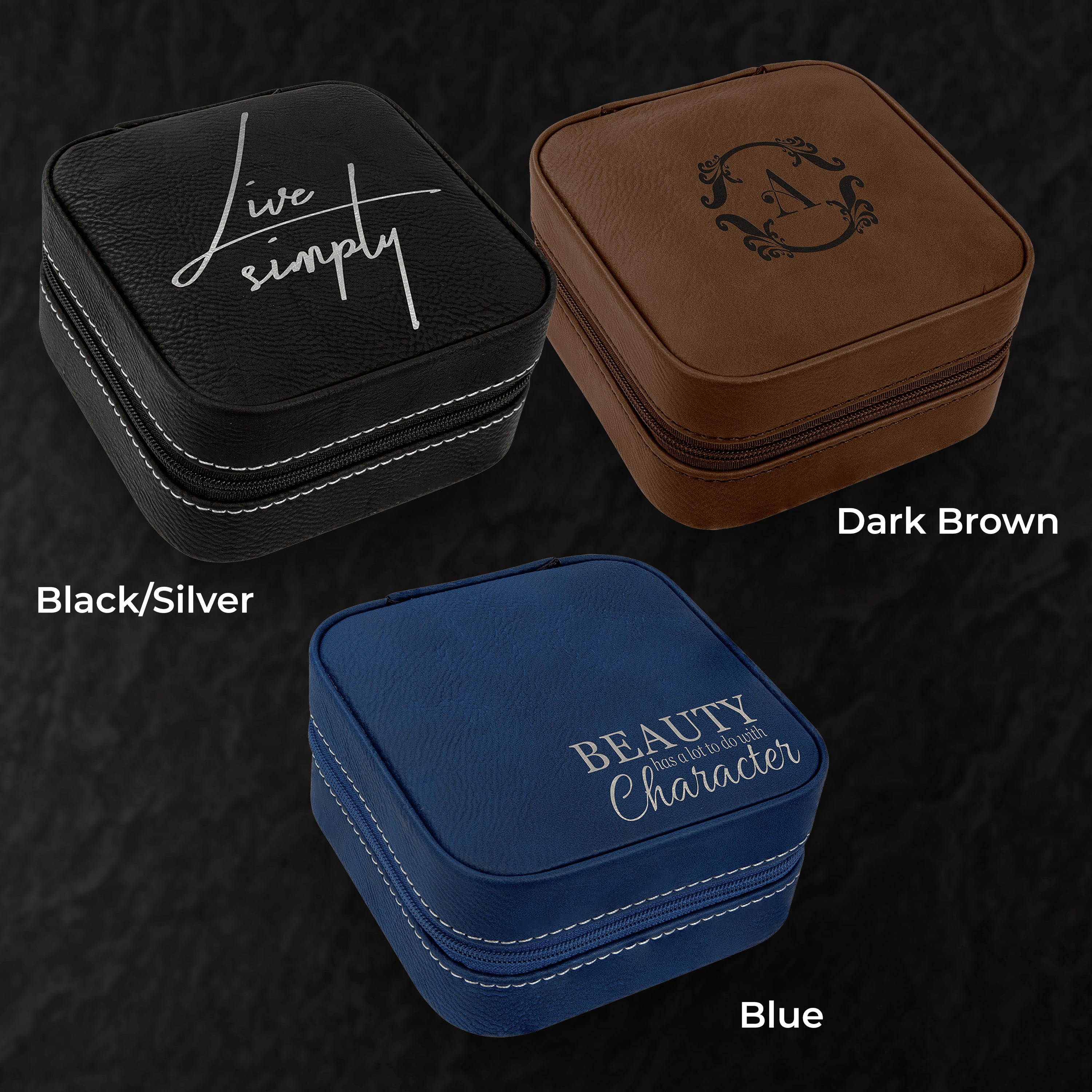 Three square leather cases in black/silver, dark brown, and blue with text on a dark textured background.