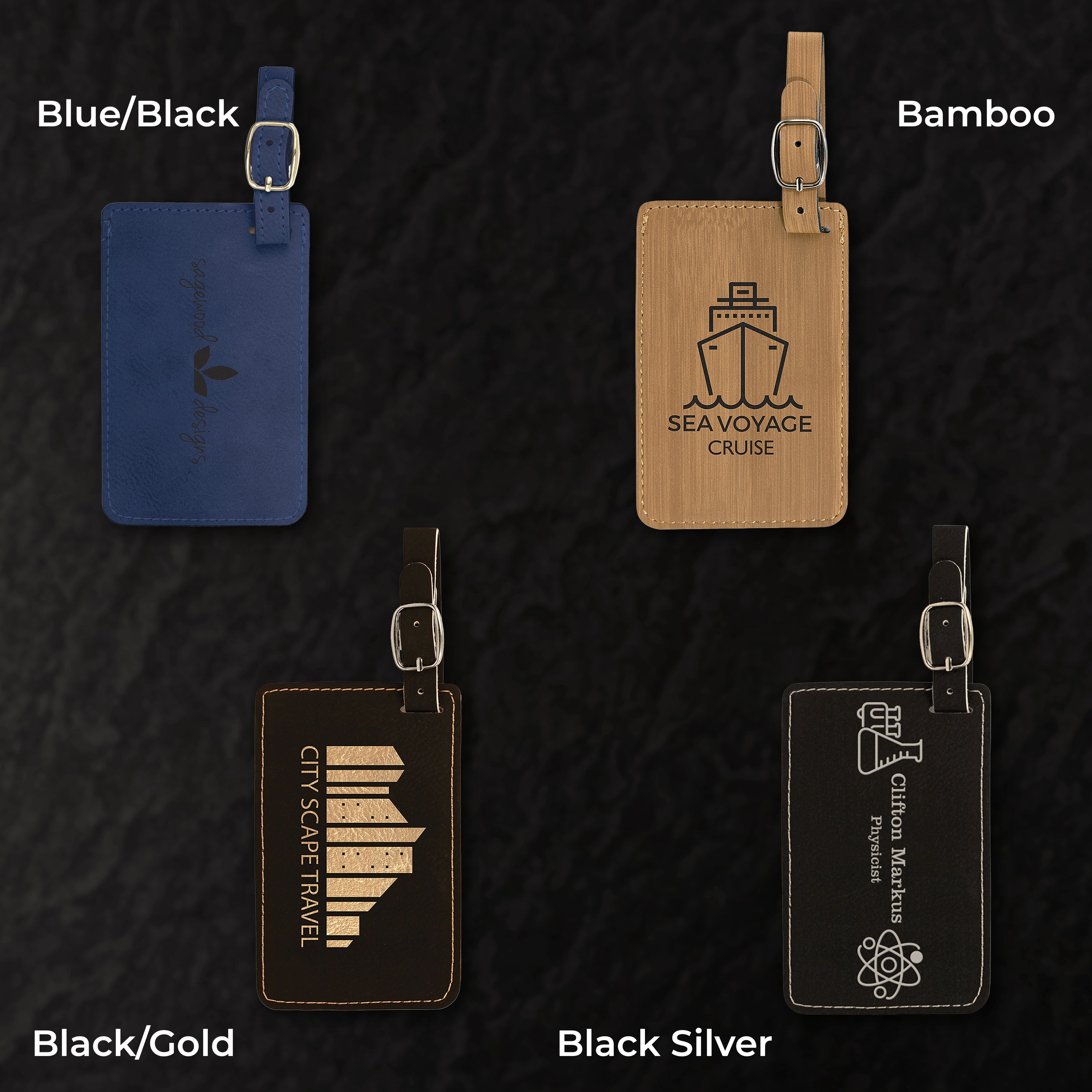 Four luggage tags in different colors and designs on a textured black background.