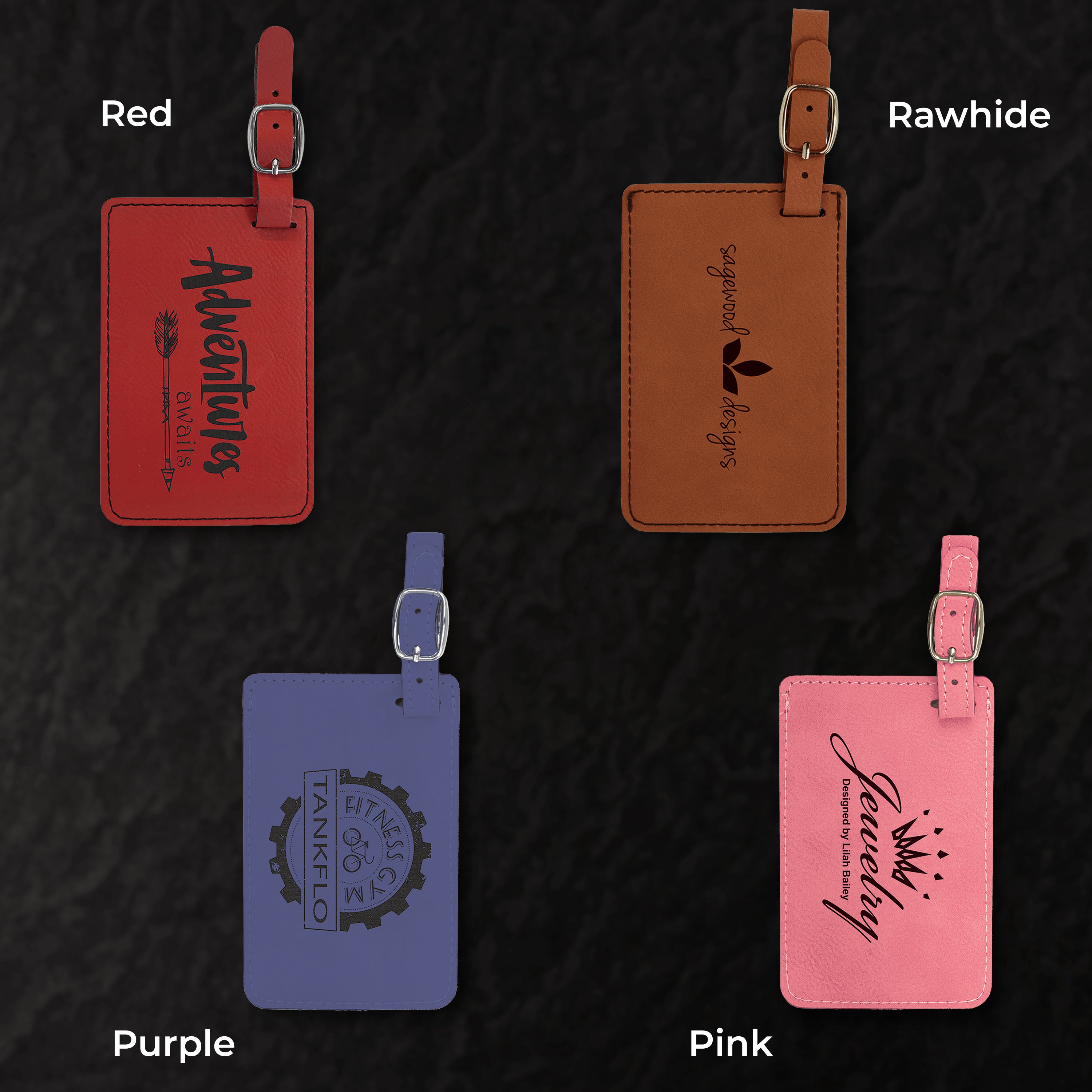 Four leather luggage tags in red, rawhide, purple, and pink on a dark textured background.