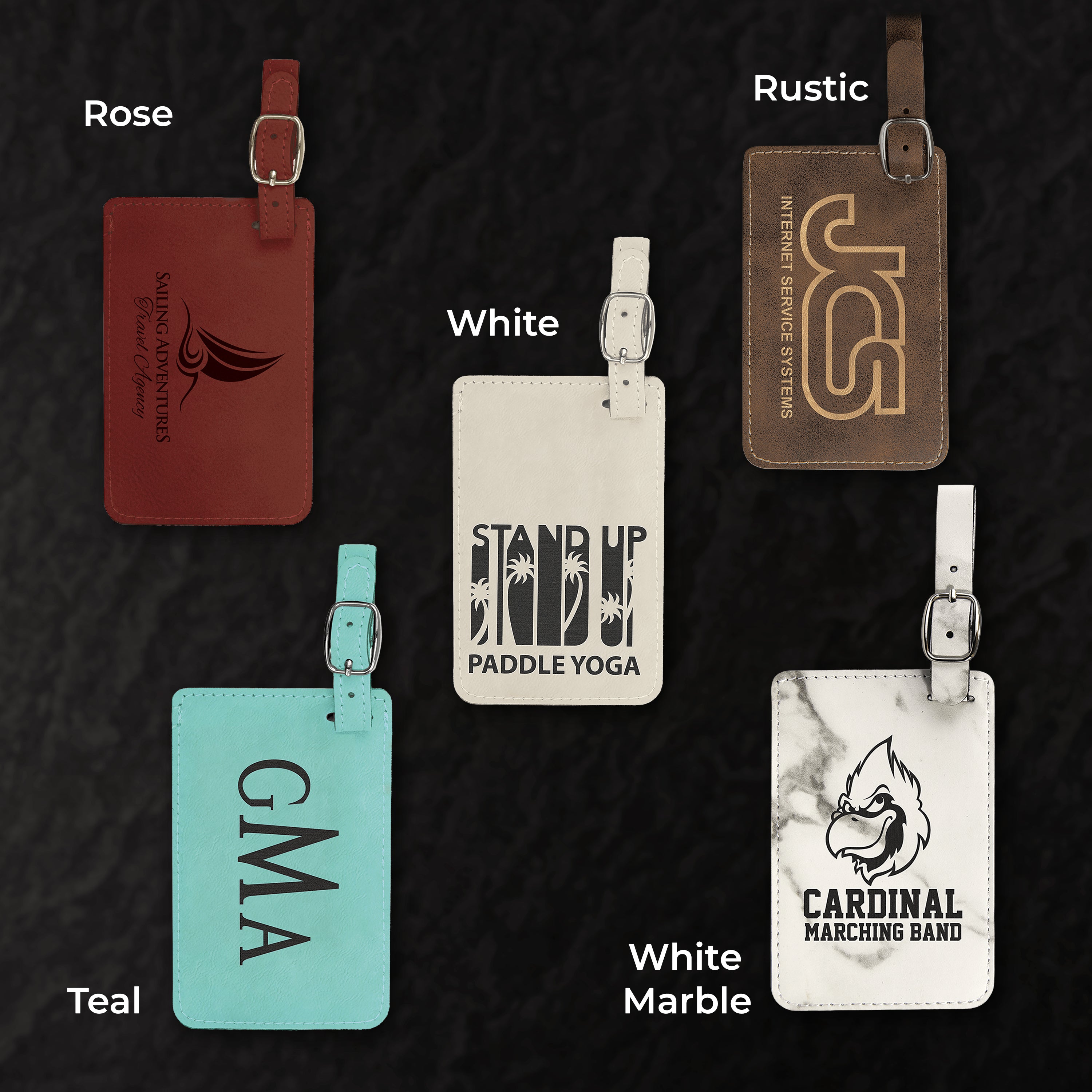 Collection of personalized luggage tags in various colors and designs on a dark background.