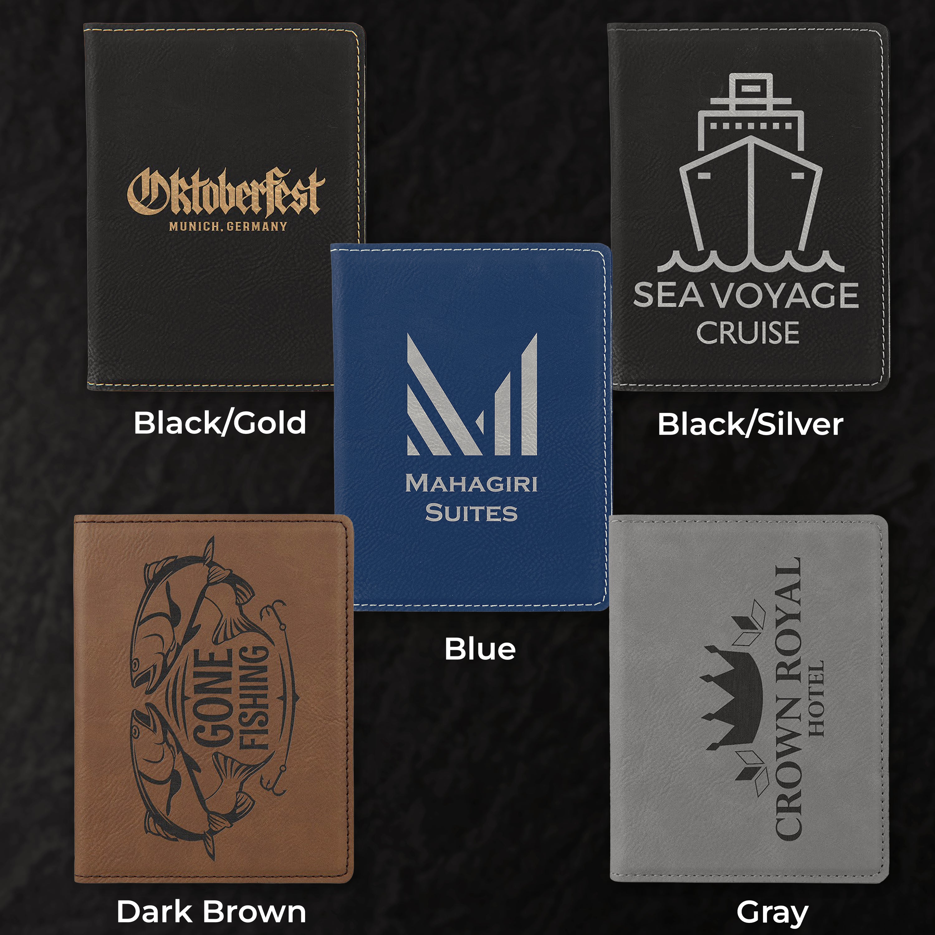 Collection of personalized leatherette cards with various designs and text on a dark background.