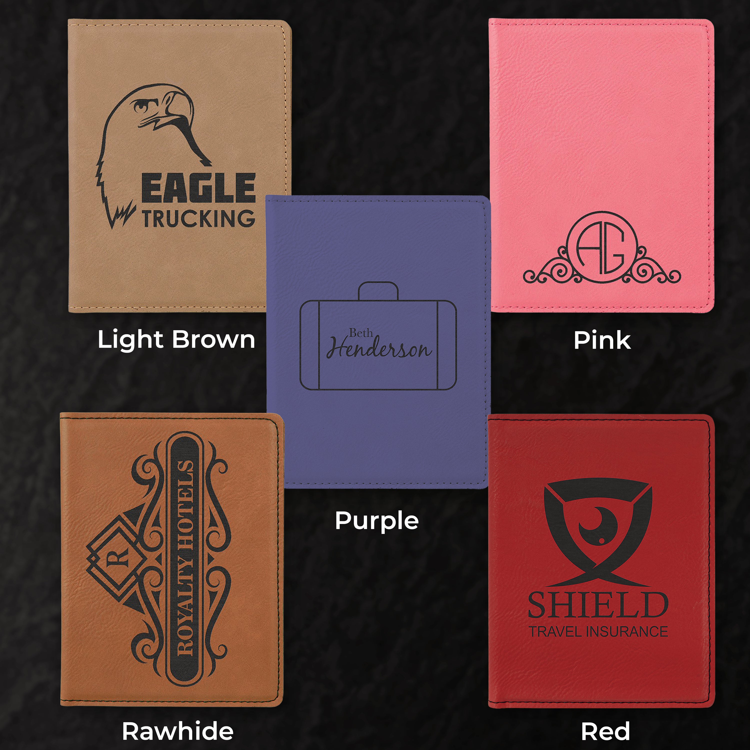 Five personalized leather card holders in different colors with embossed designs and text.