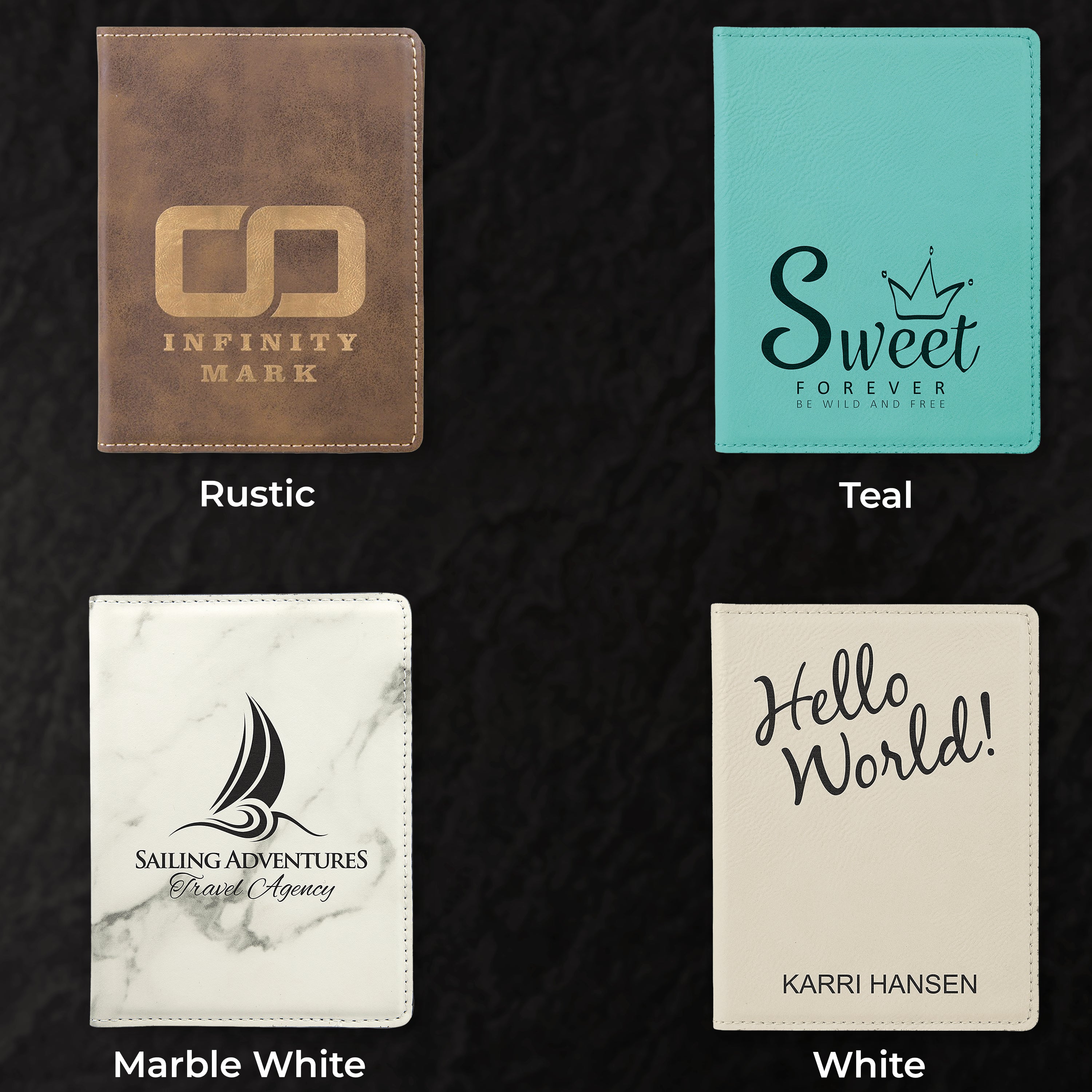 Four passport covers with different designs and colors on a textured black background.