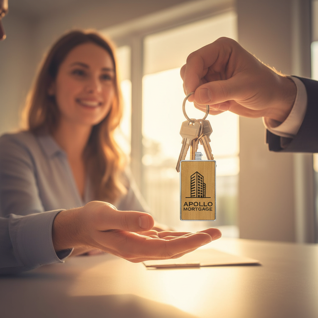 Person handing over keys with Apollo Mortgage logo to a smiling woman, indicating a home purchase or mortgage.