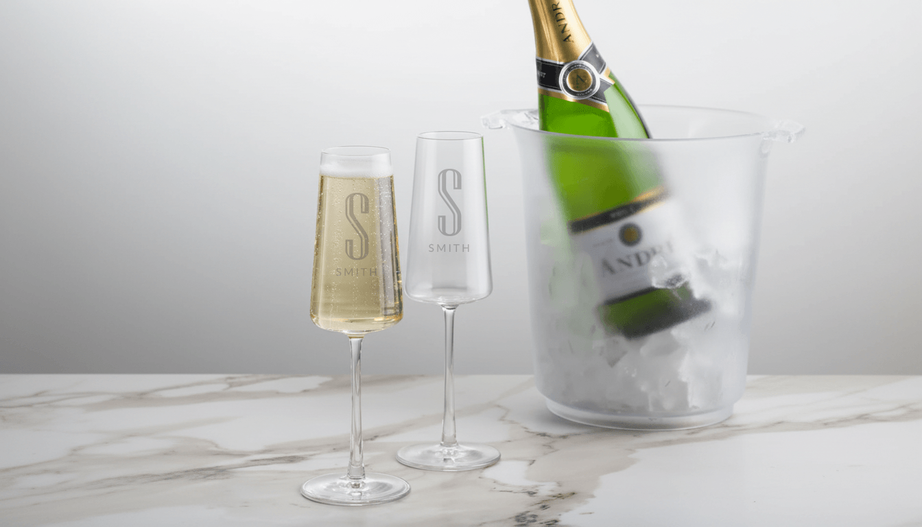 Bottle of champagne in an ice bucket with two flutes on a marble surface