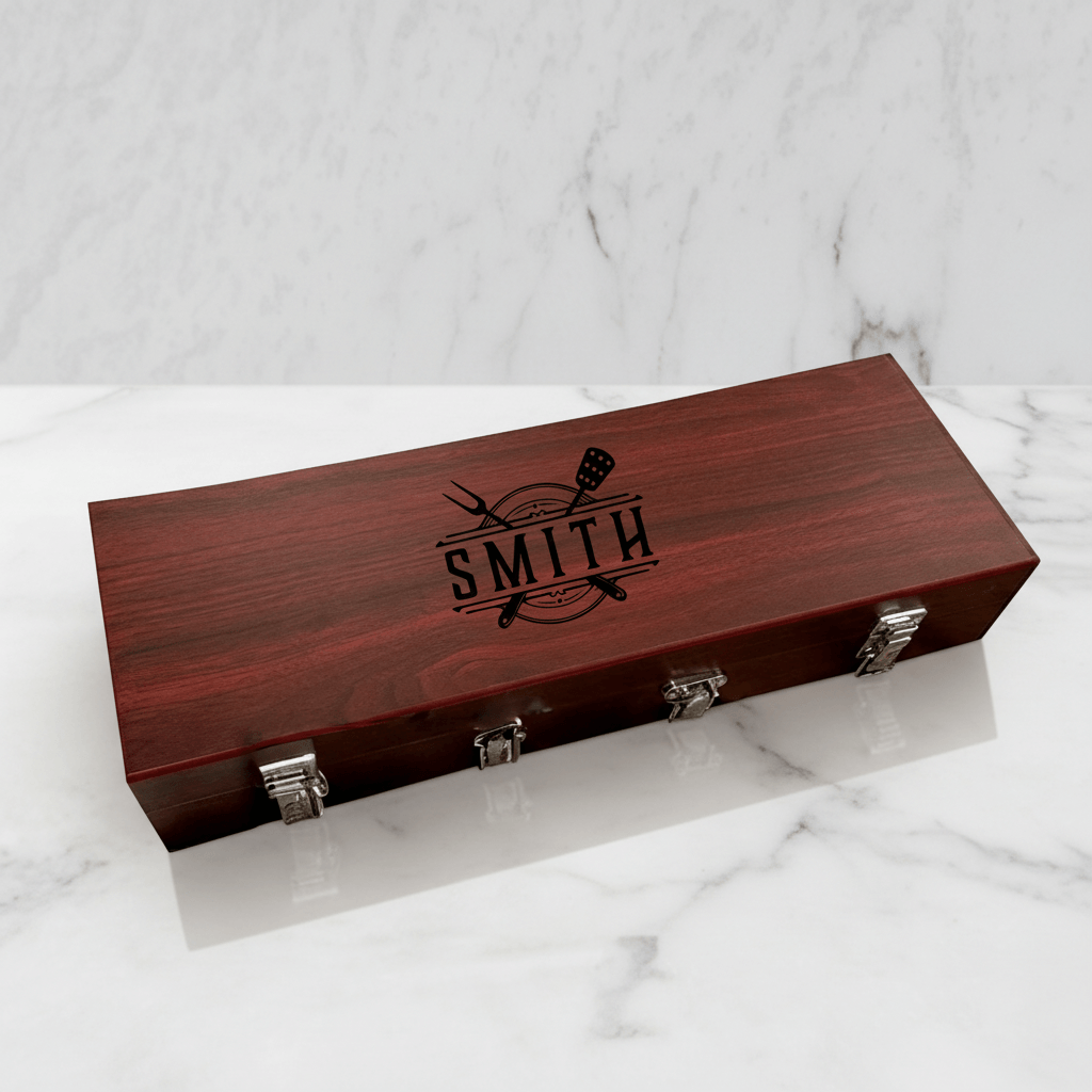 Wooden box with 'Smith' engraving on a marble surface