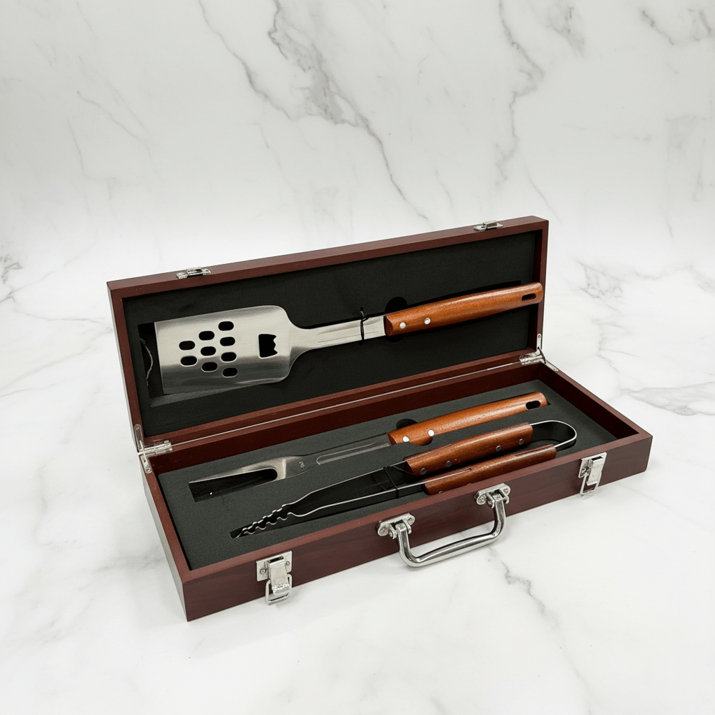 Barbecue tool set with wooden handles in a brown case on a marble background