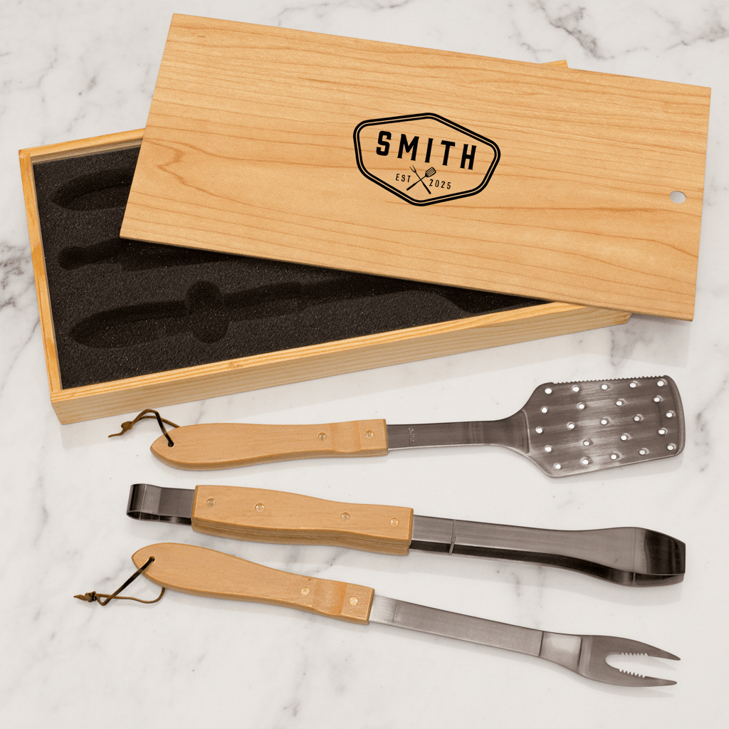 Set of three BBQ utensils with wooden handles and metal ends, displayed in a branded wooden box on a marble surface.
