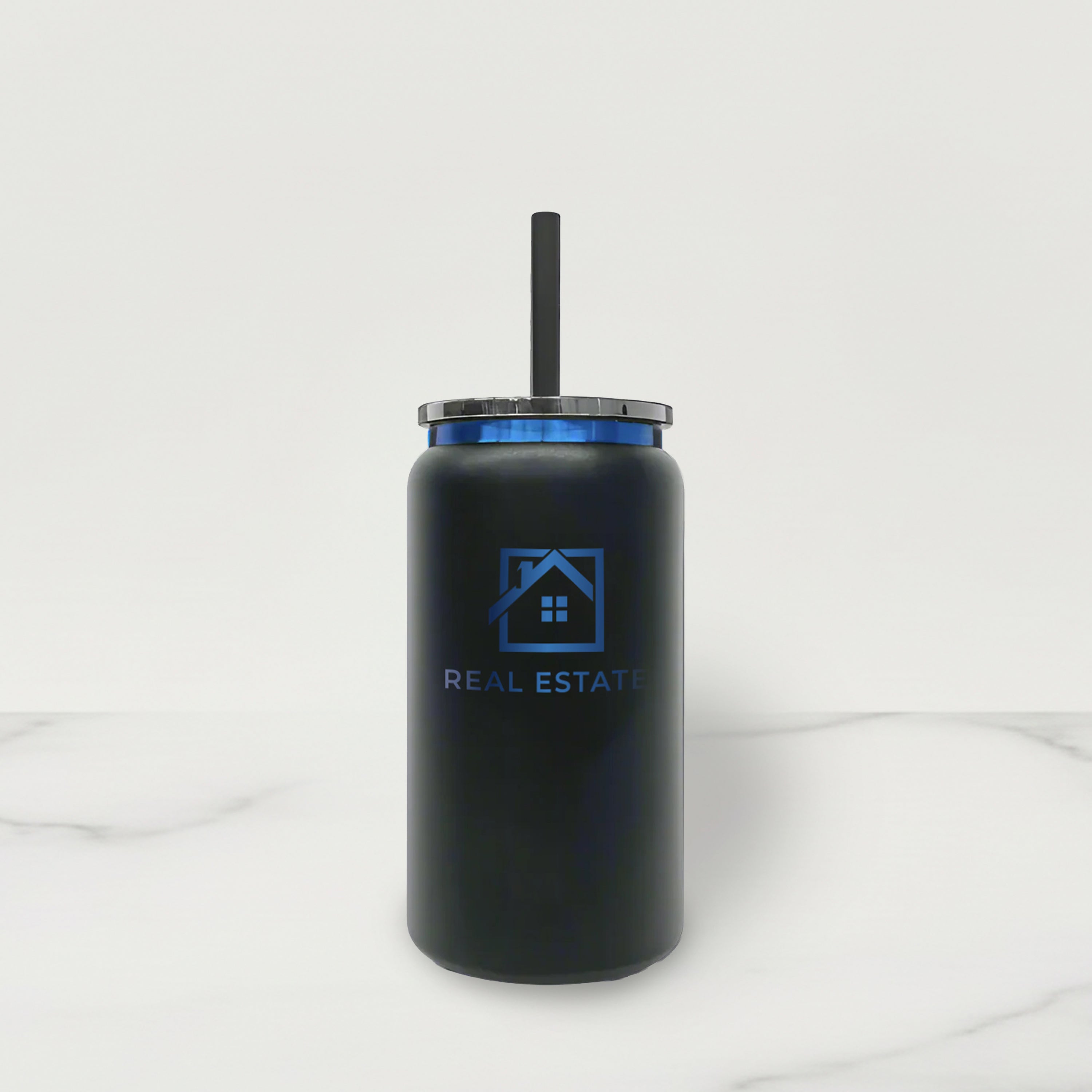 Black tumbler with blue logo and text on a white background