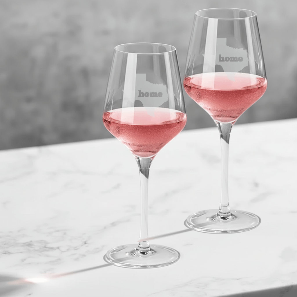 Two glasses of pink wine on a marble surface with a gray background