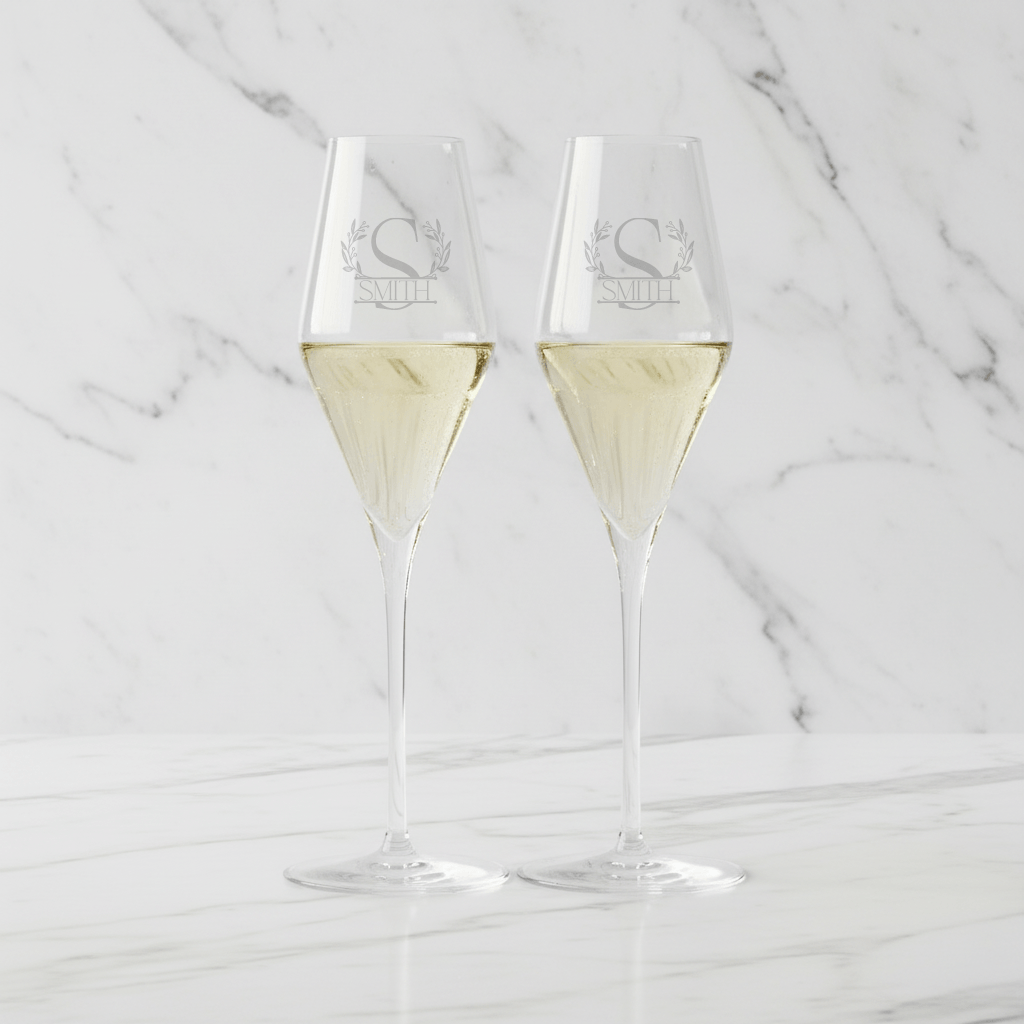 Two champagne flutes with a logo on a marble surface