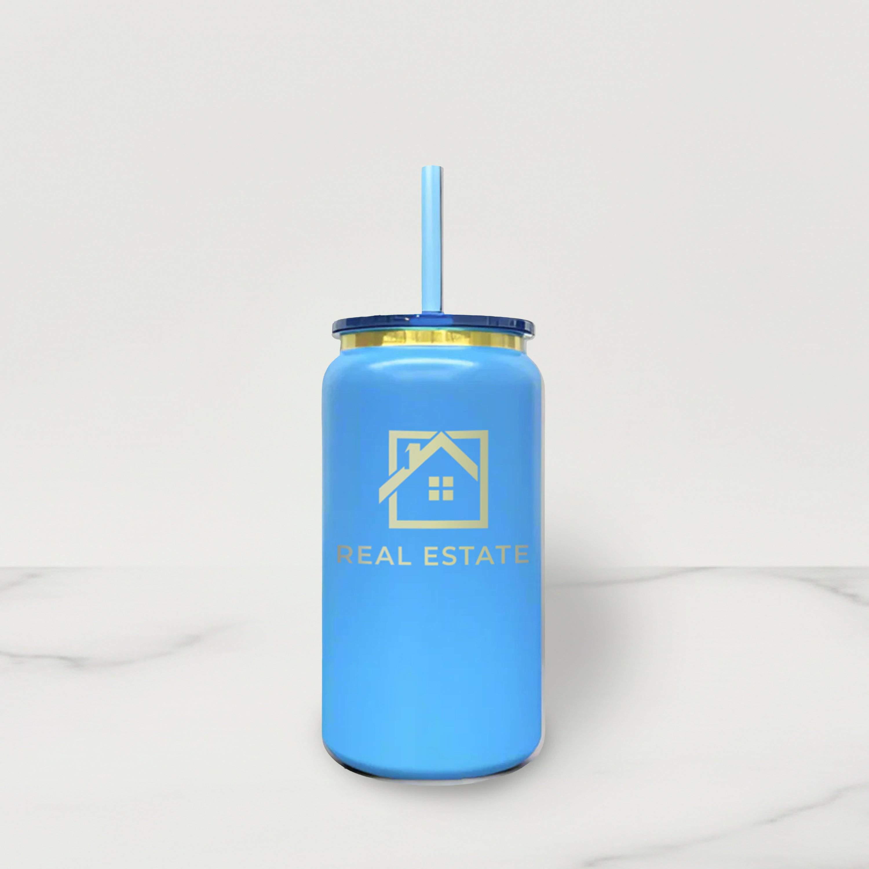 Blue tumbler with a straw featuring a real estate logo on a white background