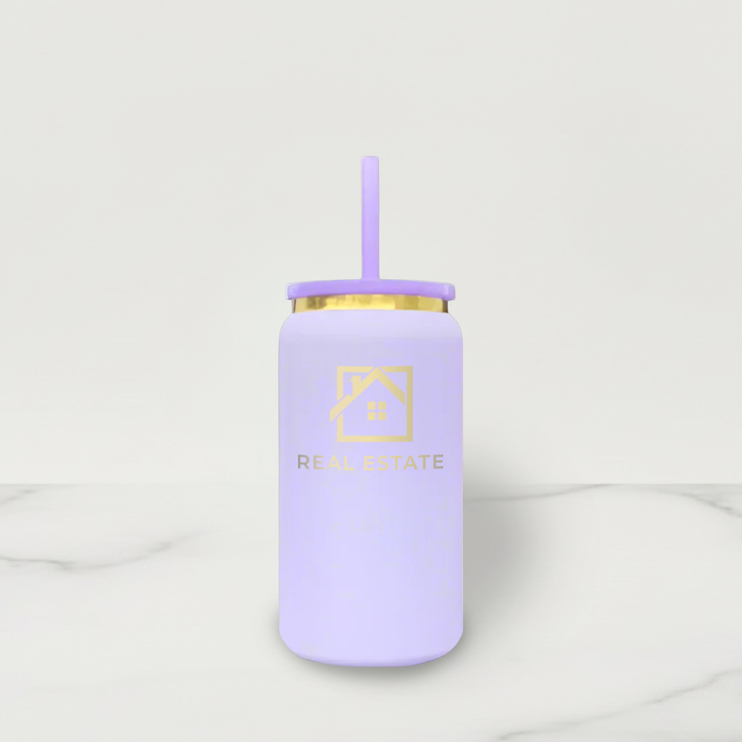 Lavender tumbler with gold accents on a white background