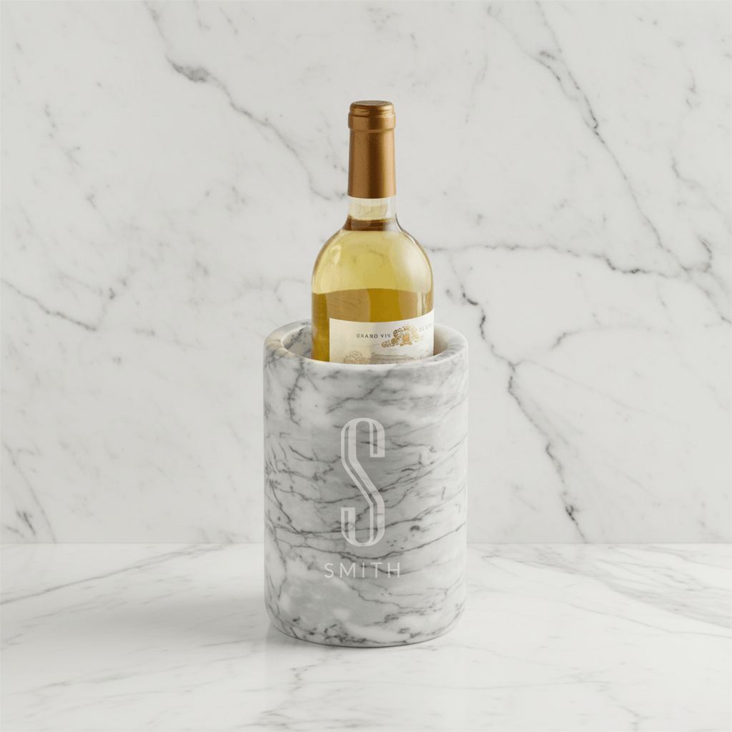 Bottle of white wine in a marble-textured cooler with 'S' monogram on a marble background