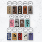 Collection of keychains with various designs and colors on a white background