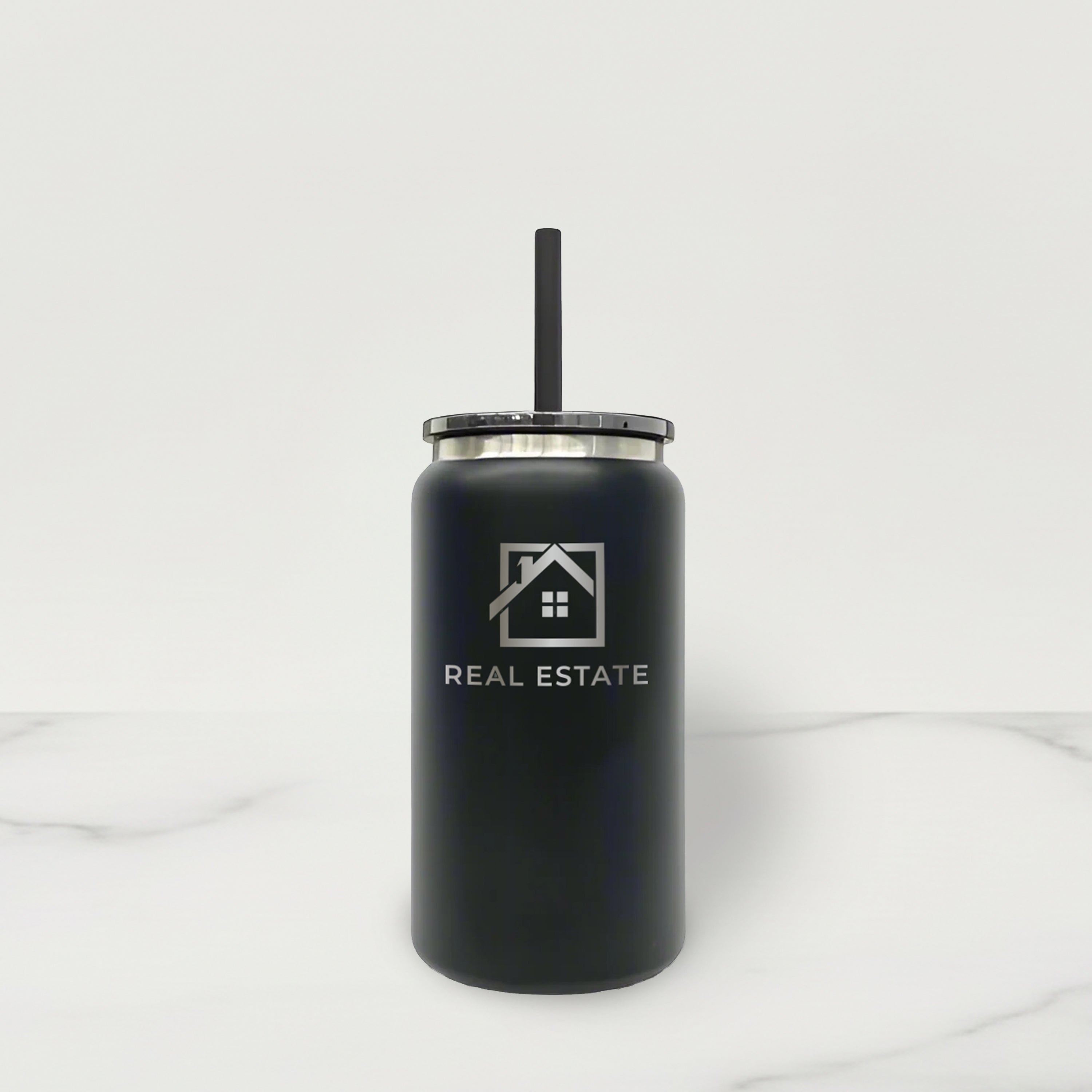 Black tumbler with a real estate logo on a white background