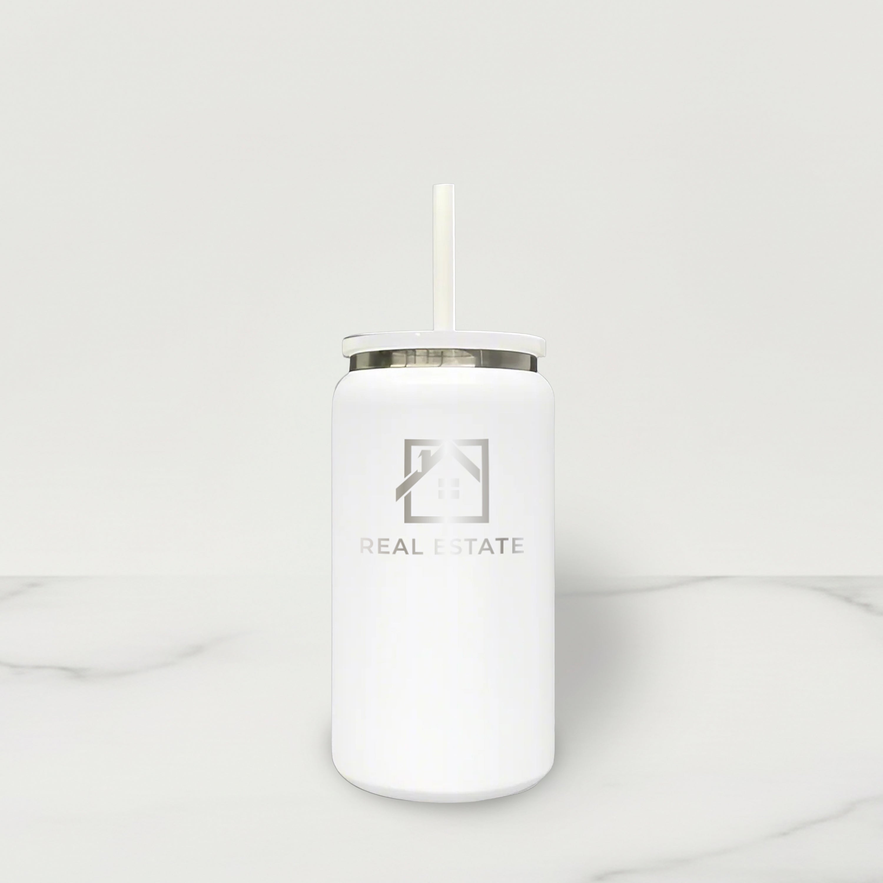White tumbler with a logo and text on a white background