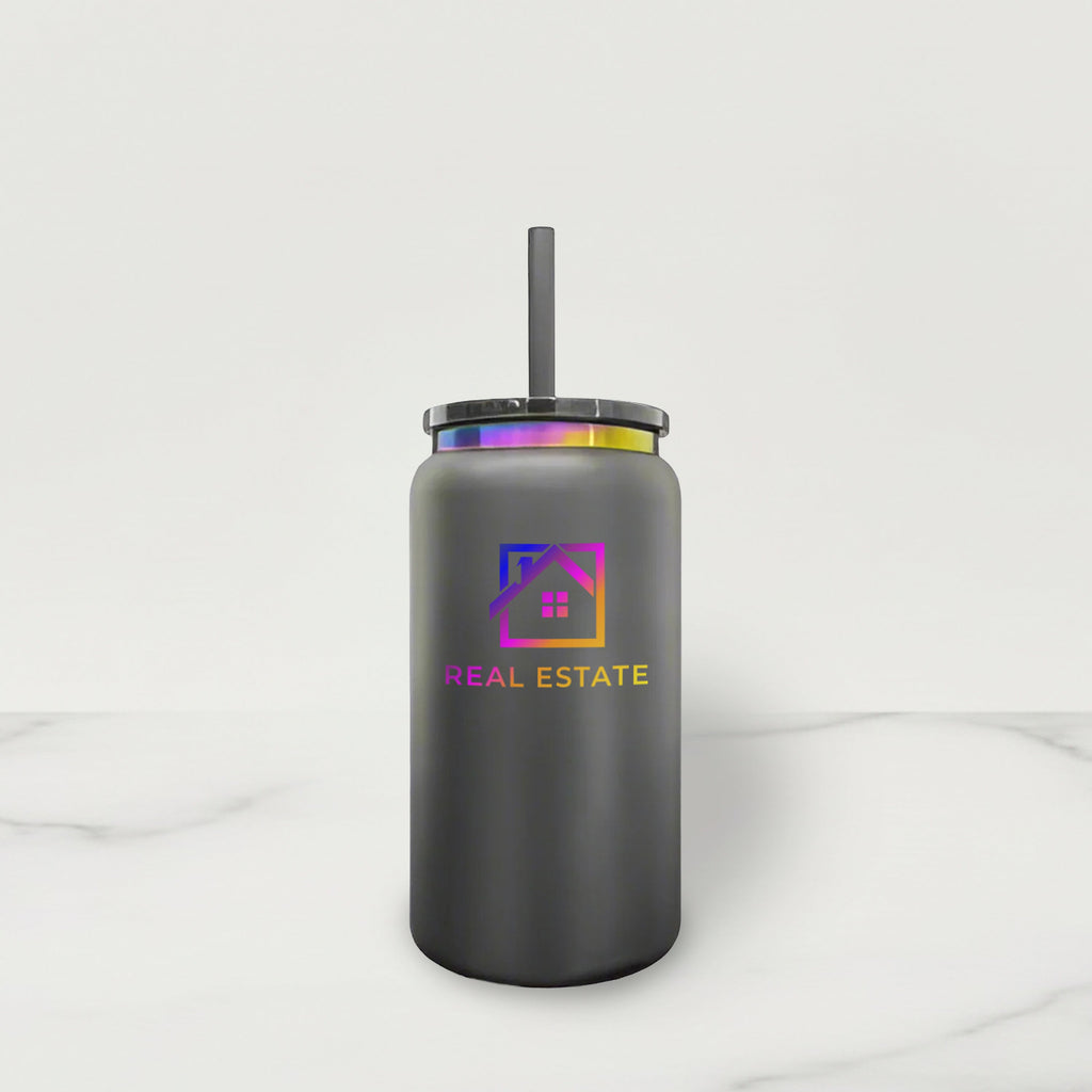 Black tumbler with a colorful real estate logo on a white background