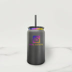 Black tumbler with a colorful real estate logo on a white background