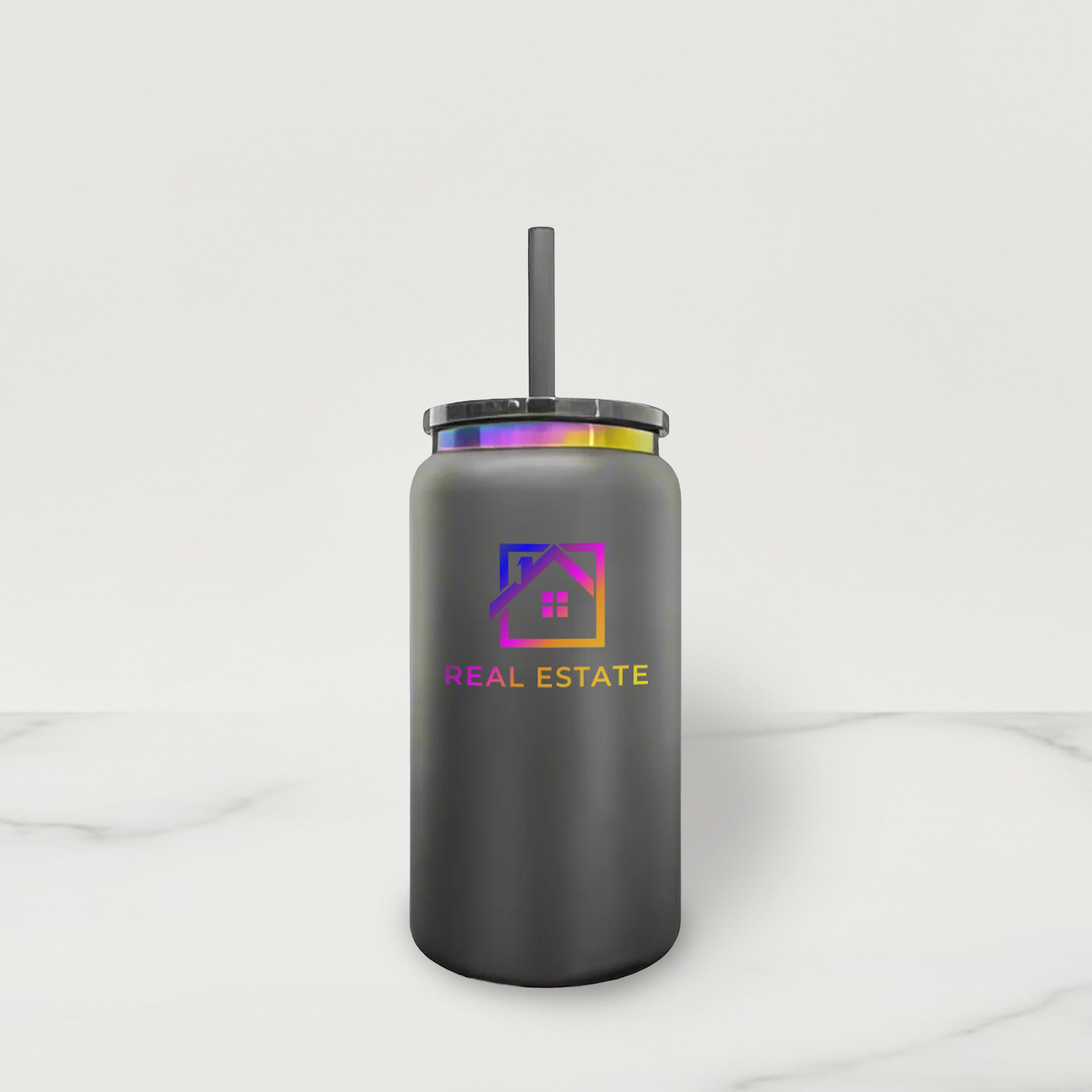 Black tumbler with a colorful real estate logo on a white background