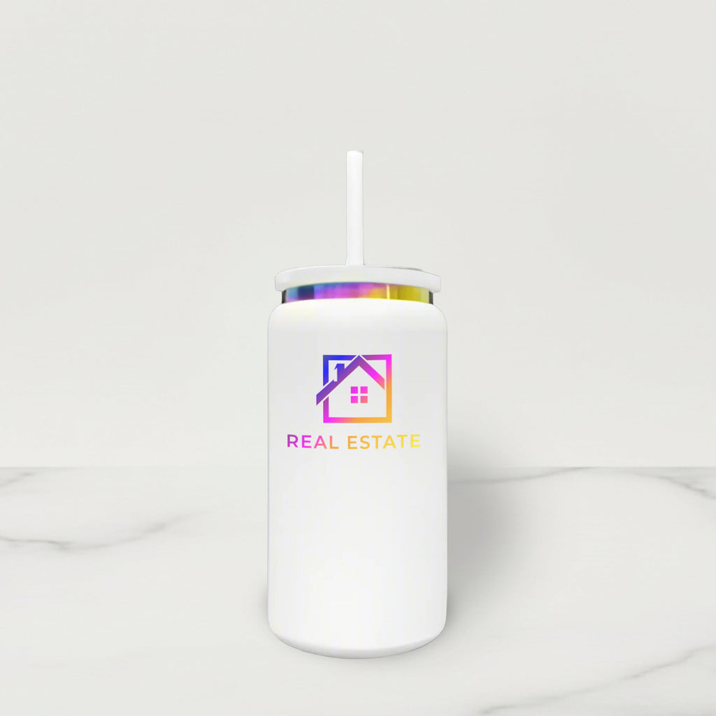 White tumbler with a colorful house icon and 'Real Estate' text on a white background
