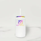 White tumbler with a colorful house icon and 'Real Estate' text on a white background