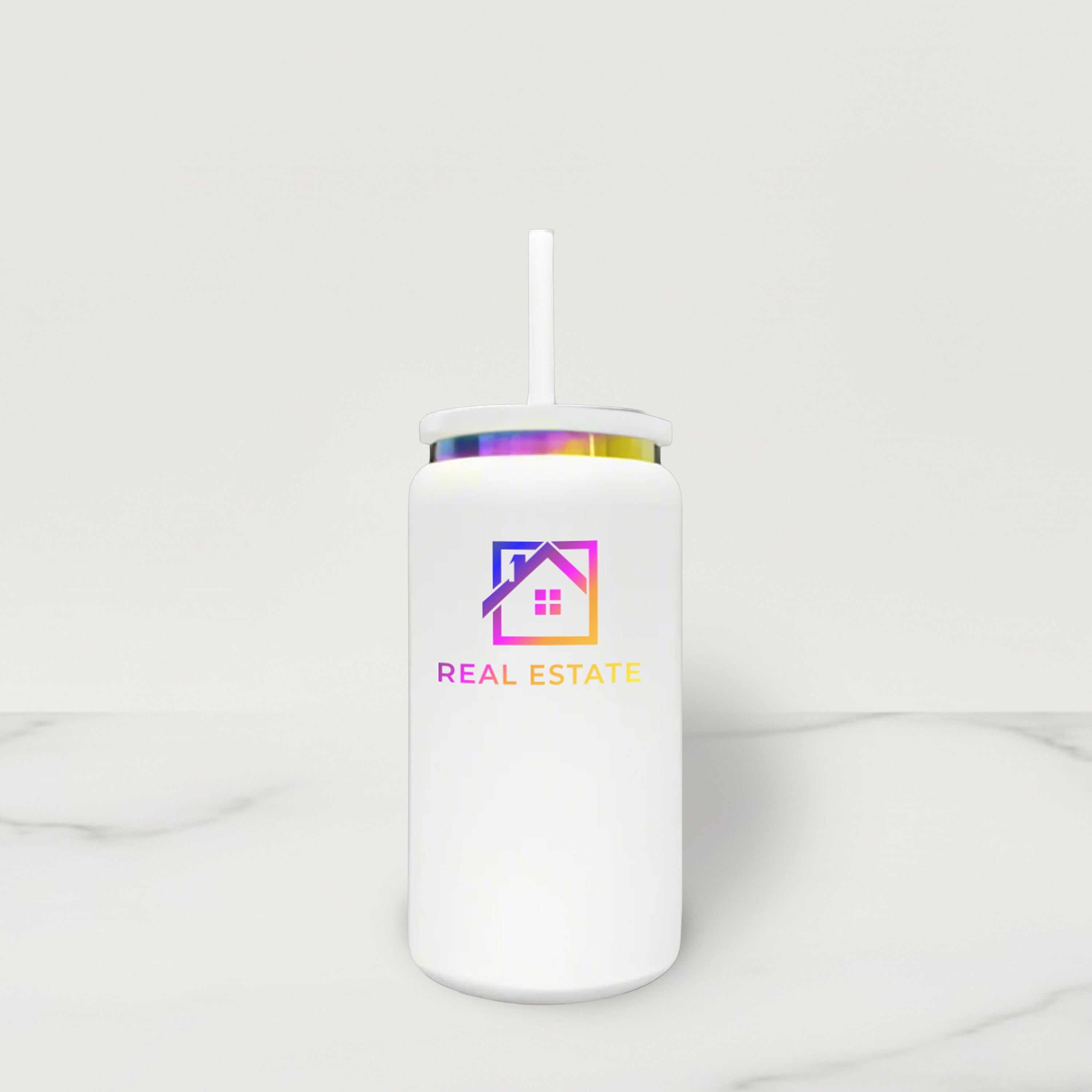 White tumbler with a colorful house icon and 'Real Estate' text on a white background