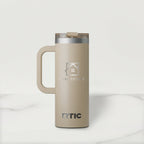 Beige RTIC mug with Real Estate logo on a white background