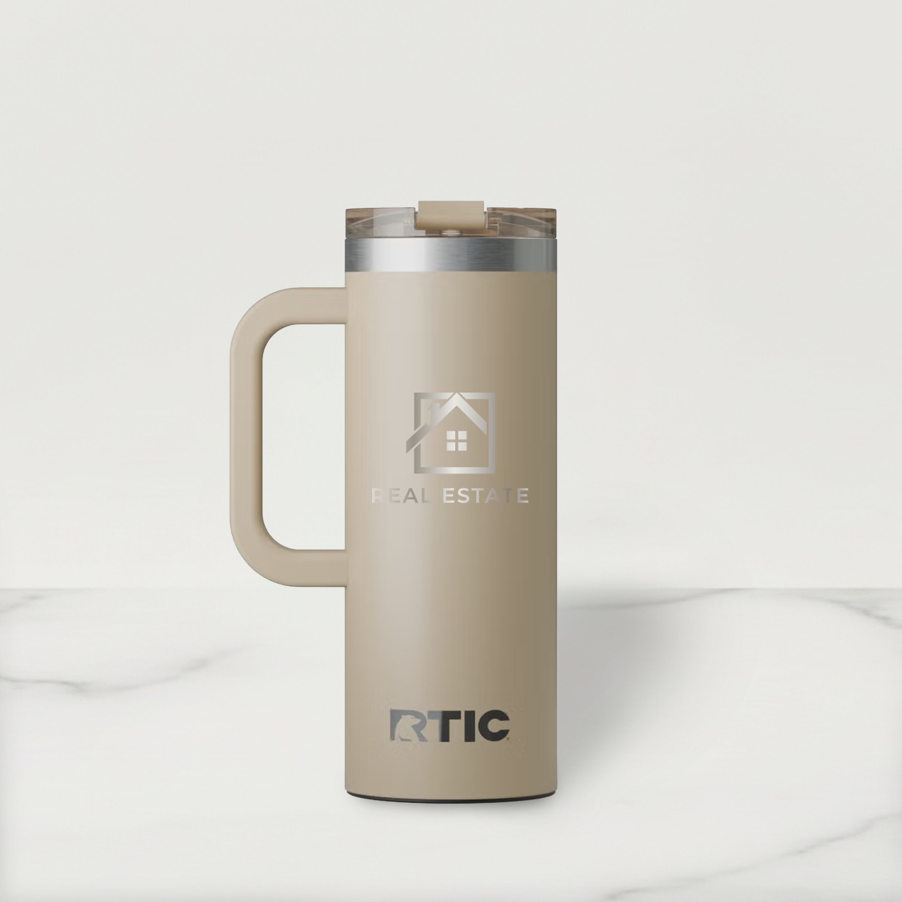 Beige RTIC mug with Real Estate logo on a white background