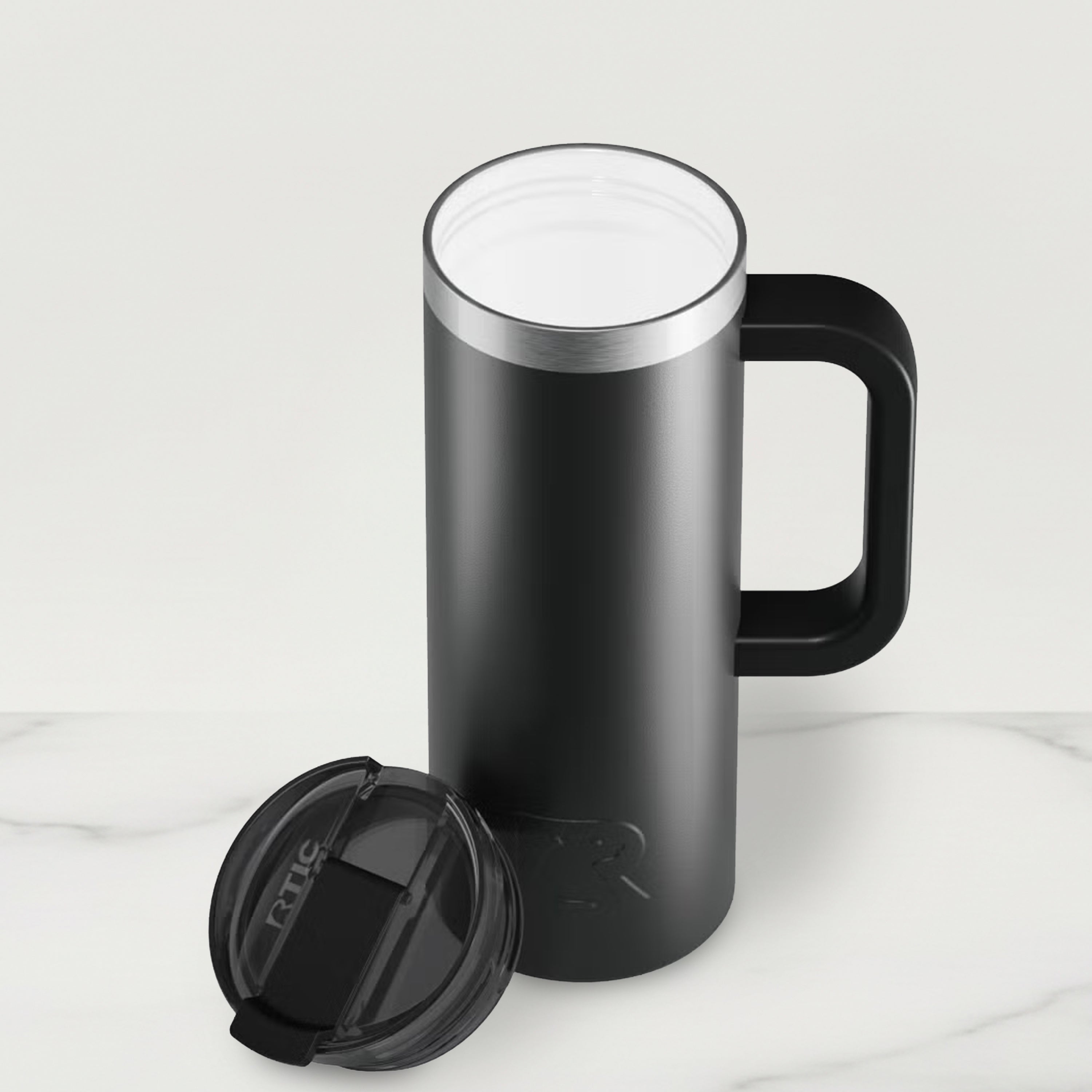 Black insulated travel mug with a lid on a white background