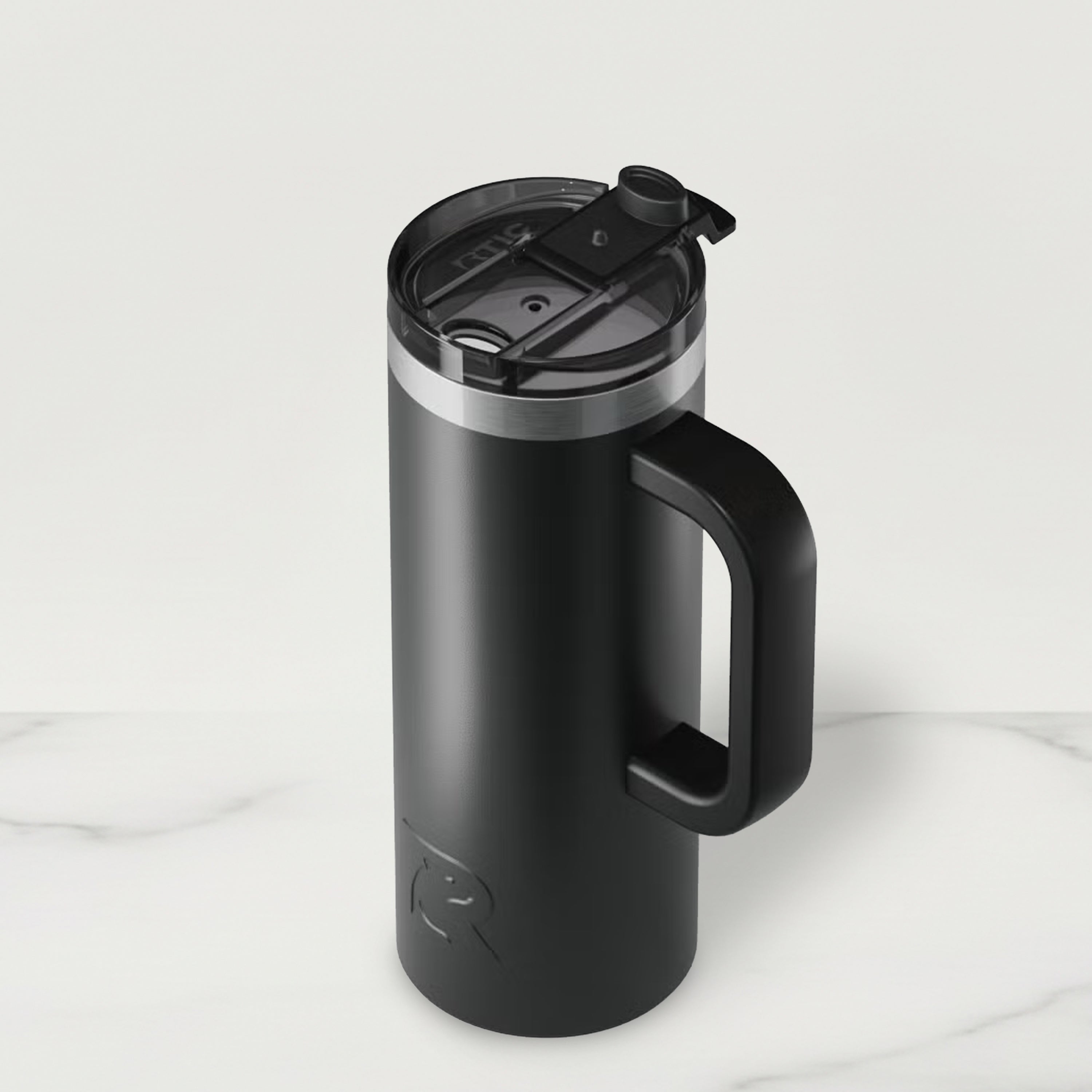 Black insulated mug with handle on a light gray background