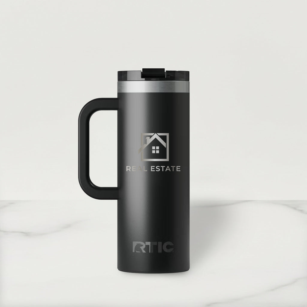 Black RTIC travel mug with a real estate logo on a white background