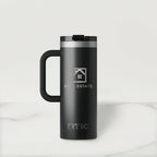 Black RTIC travel mug with a real estate logo on a white background