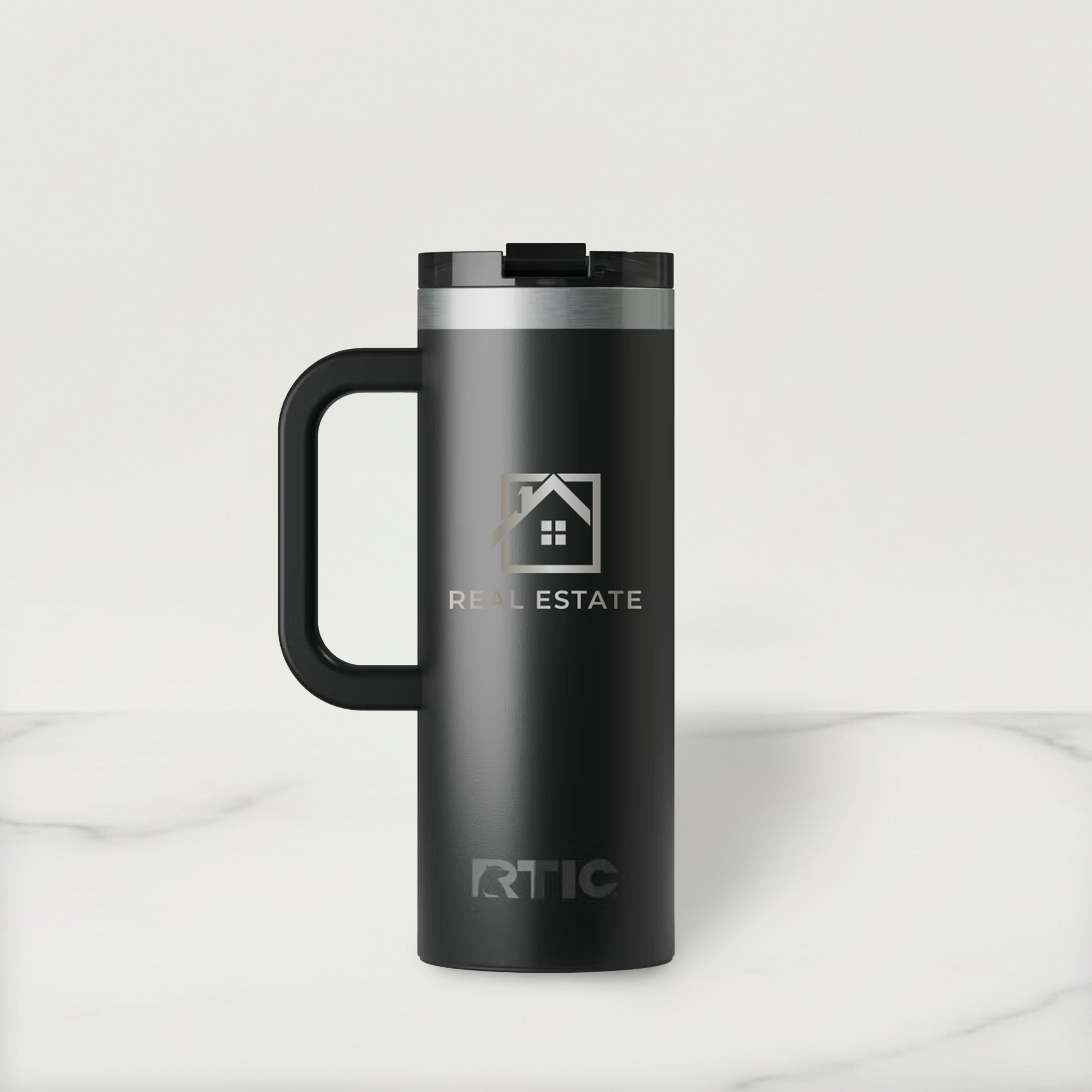 Black RTIC travel mug with a real estate logo on a white background
