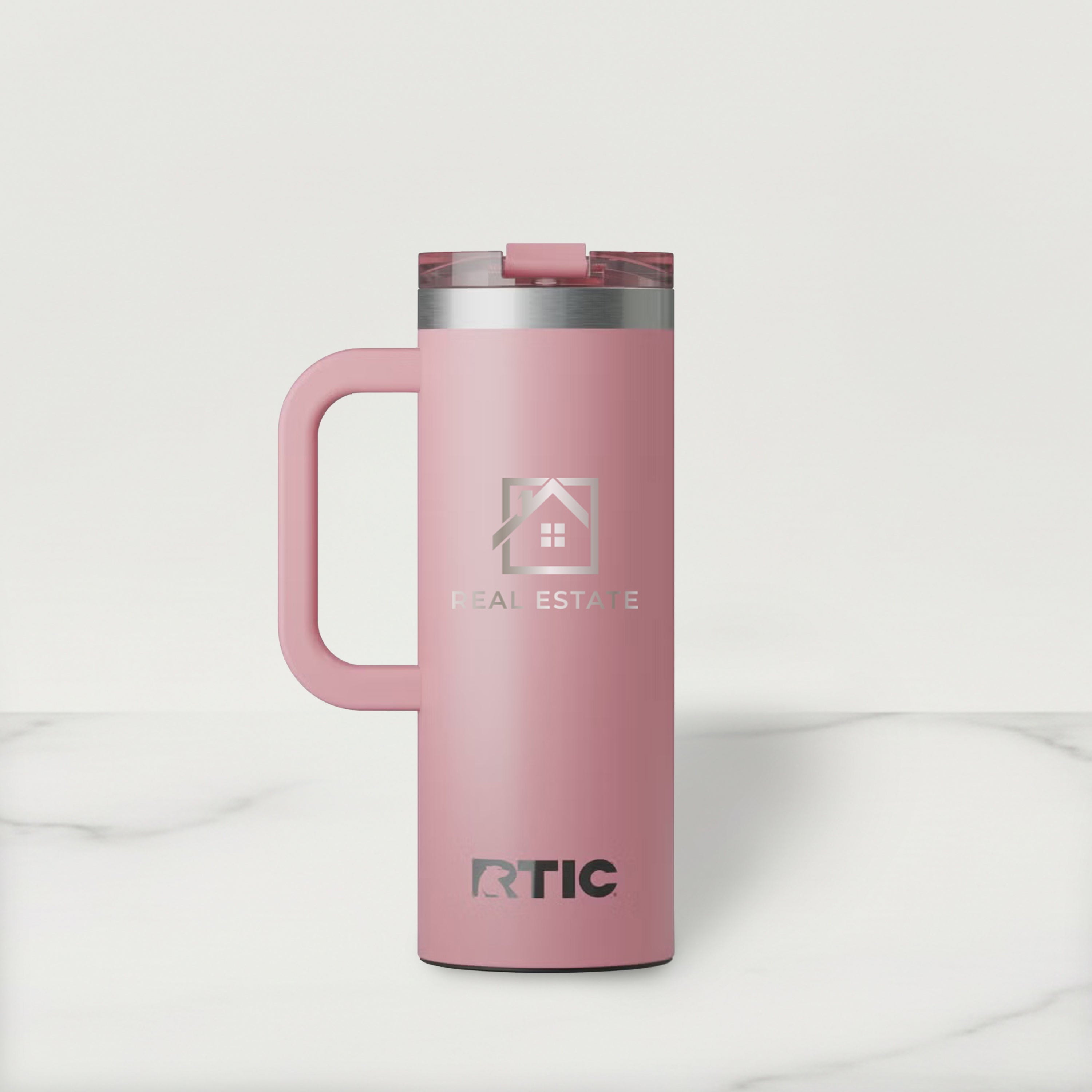 Pink RTIC mug with handle on a white background