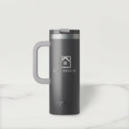 Gray travel mug with a handle on a white background