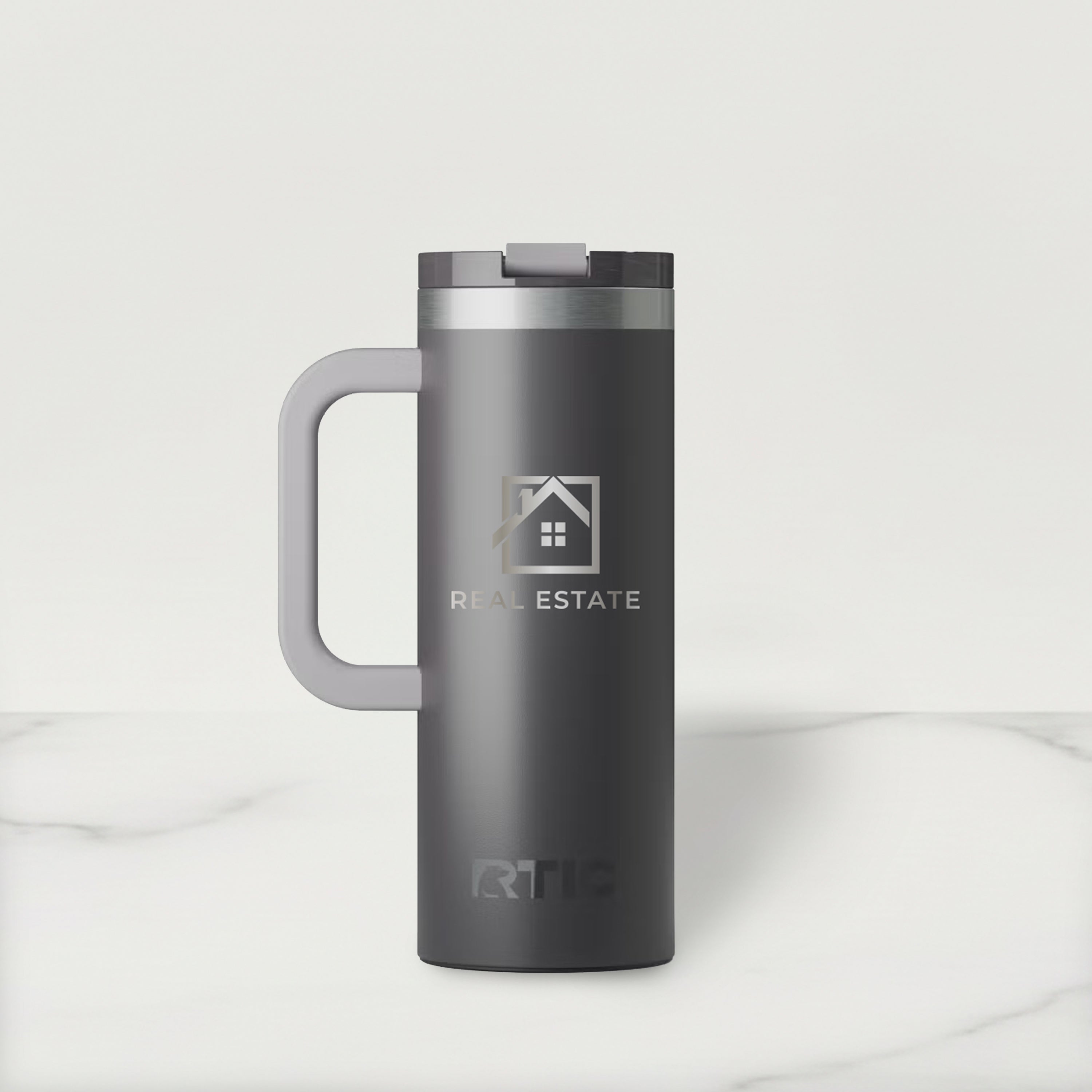 Gray travel mug with a handle on a white background