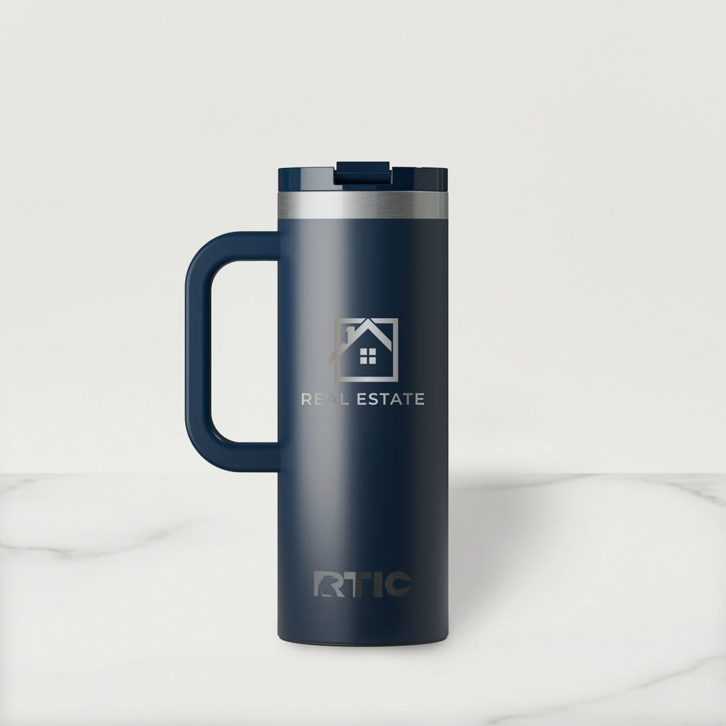 Navy RTIC travel mug with a real estate logo on a white background