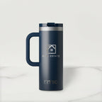Navy RTIC travel mug with a real estate logo on a white background