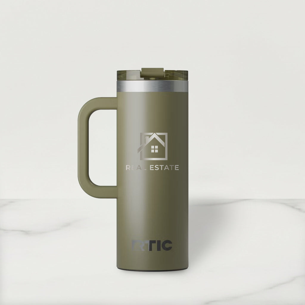 Olive green travel mug with a handle on a white background