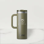 Olive green travel mug with a handle on a white background