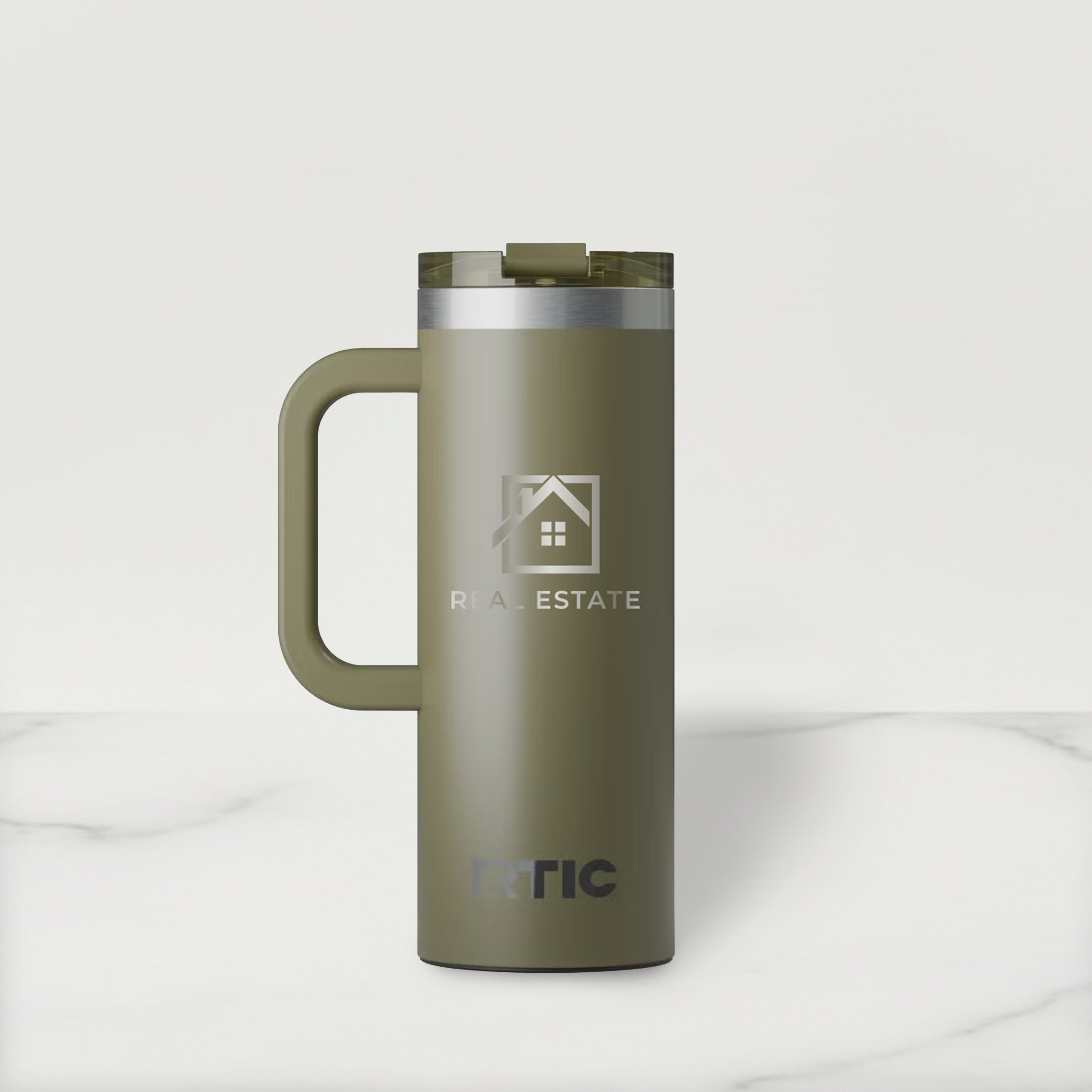 Olive green travel mug with a handle on a white background