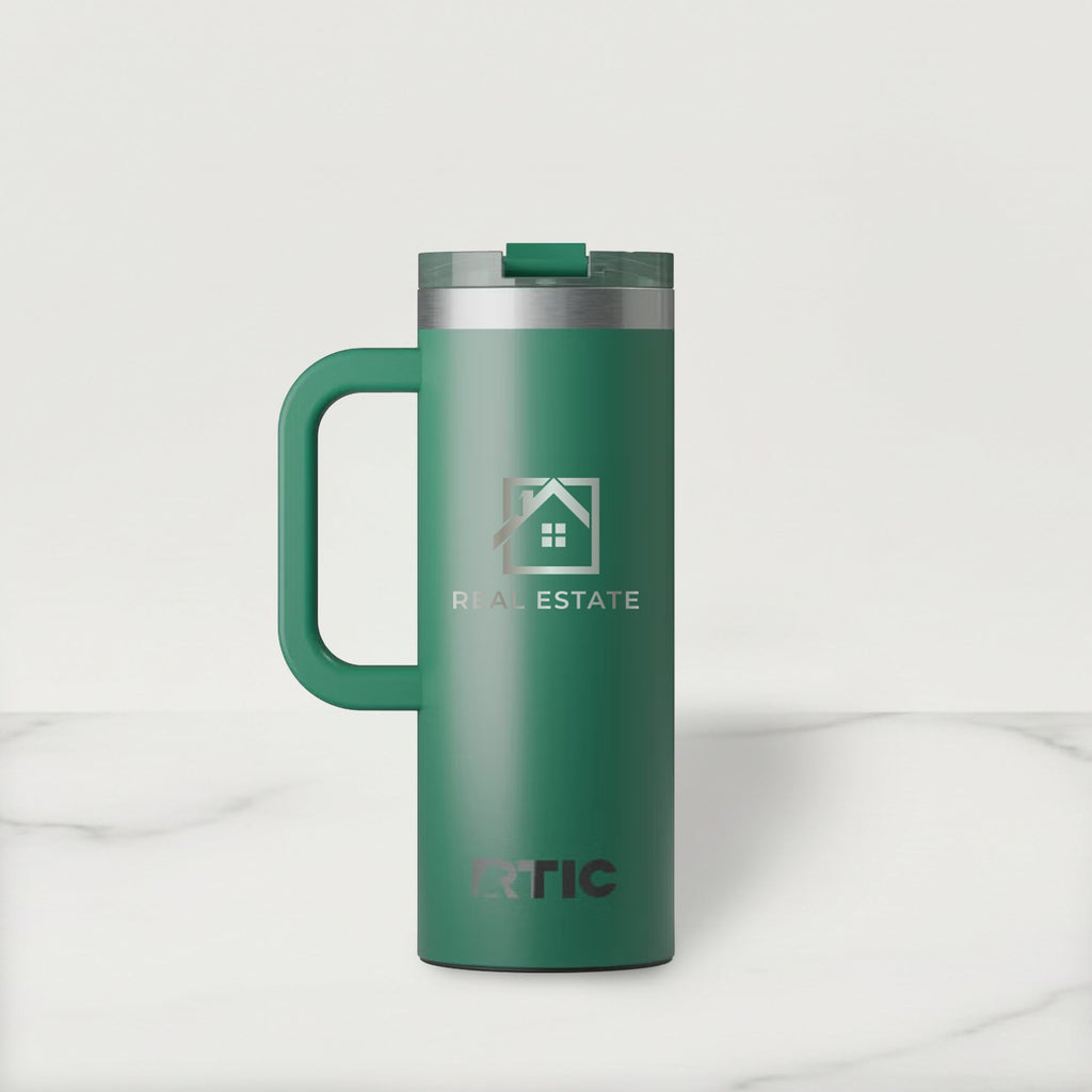 Green RTIC travel mug with a handle on a white background