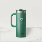 Green RTIC travel mug with a handle on a white background