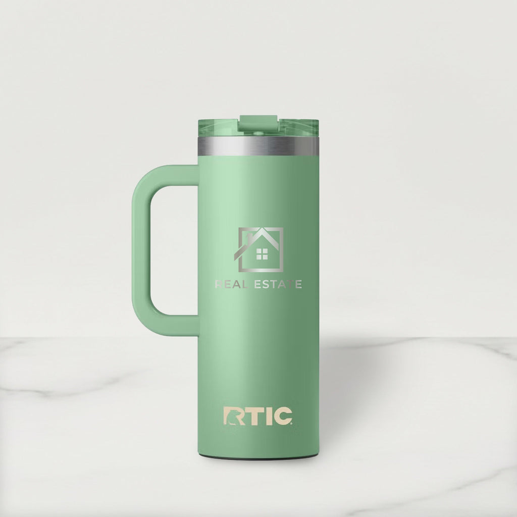 Green RTIC mug with a handle on a white background