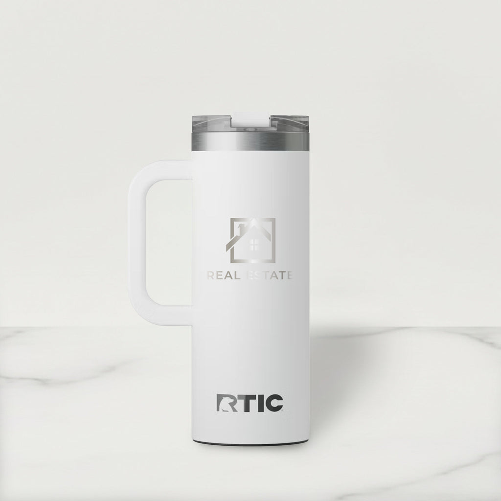White RTIC tumbler with a logo on a white background