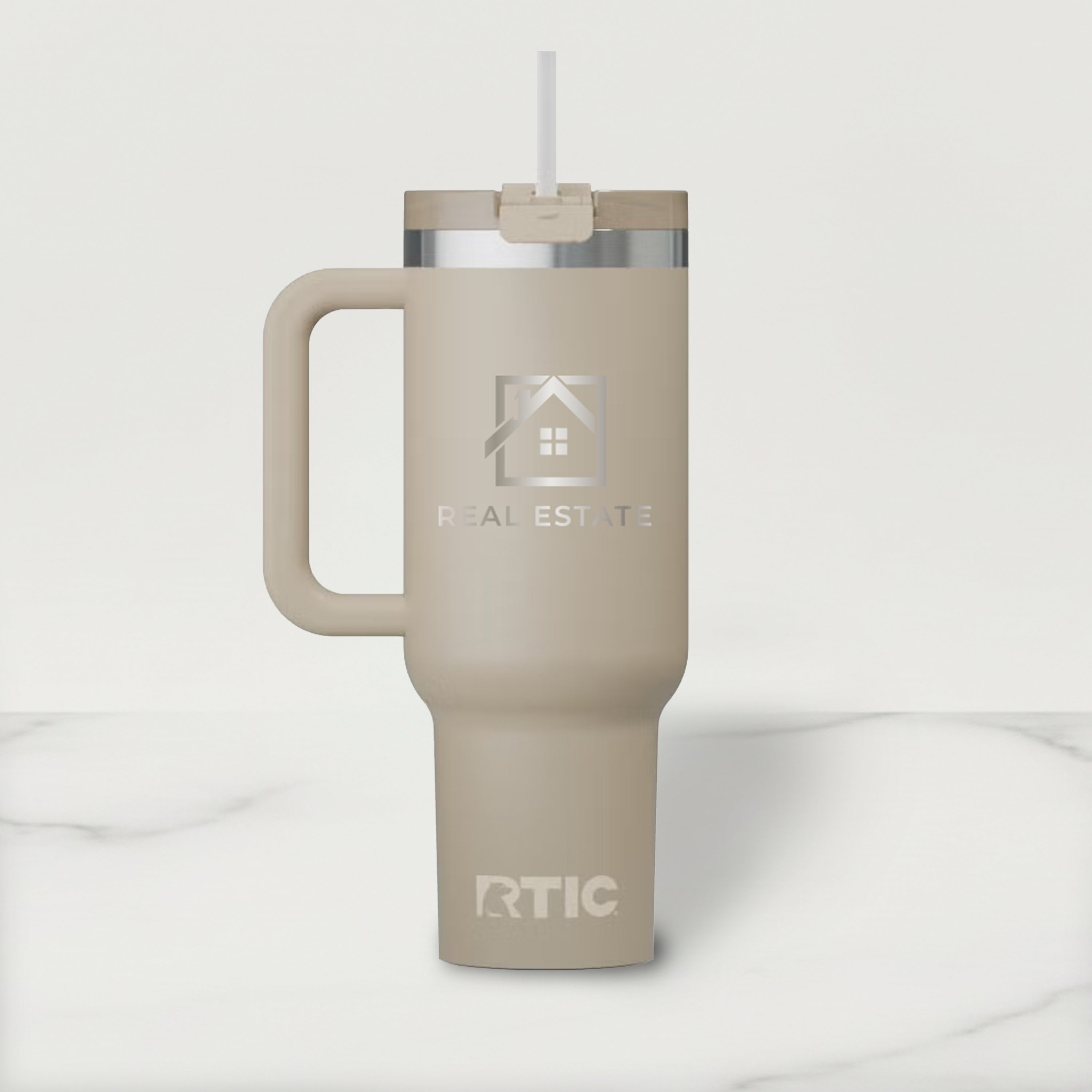 Beige RTIC mug with 'Real Estate' text on a white background