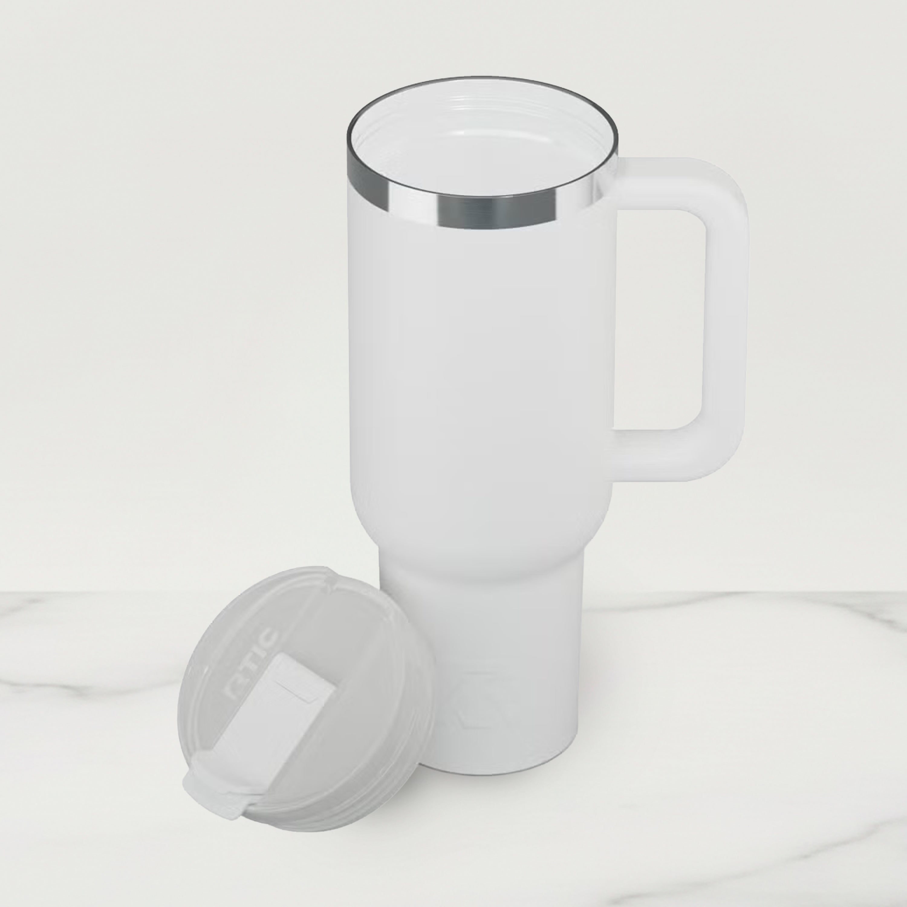 White insulated mug with handle on a light gray background