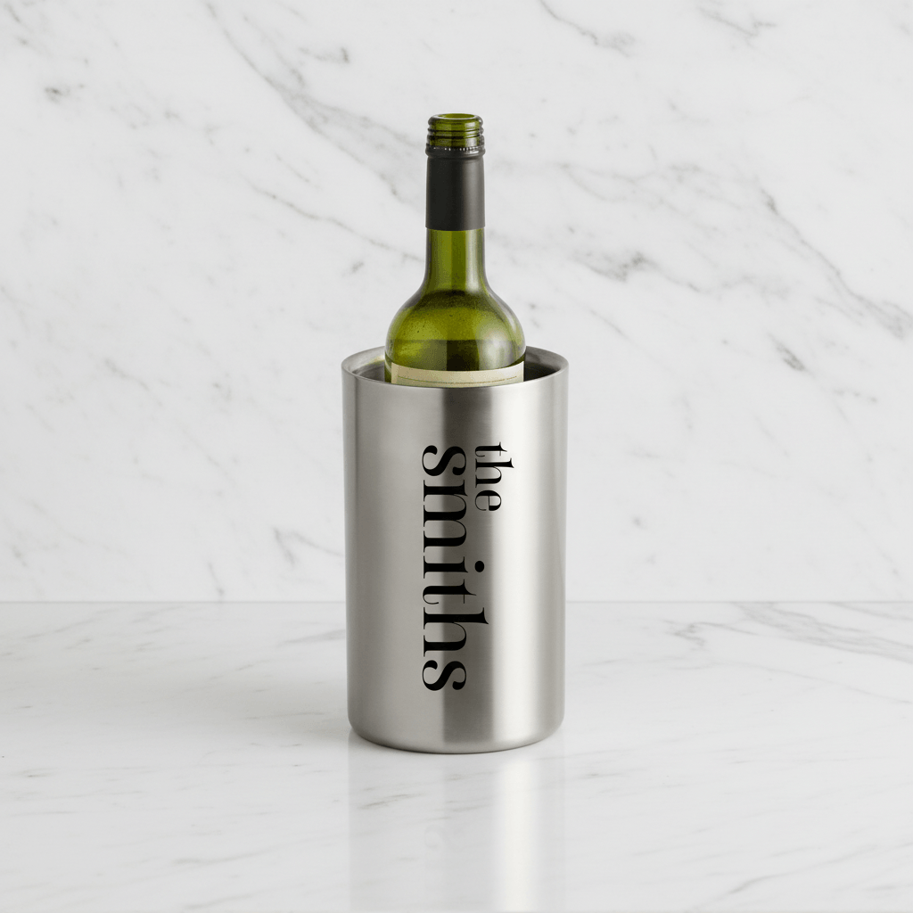 Stainless steel wine cooler with a bottle of green wine on a marble surface